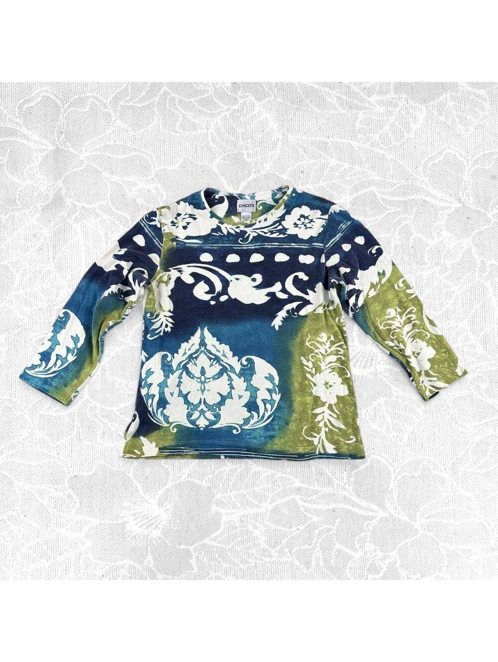 Chico's Cotton 3/4 Sleeve Blue Green White Fleur De Lis Pattern Top - Size 0